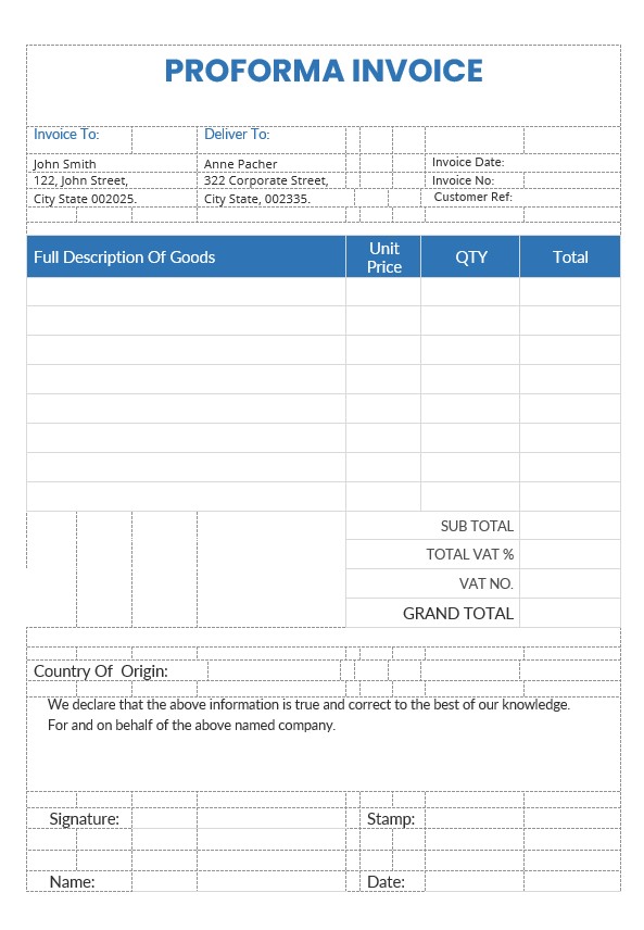 Sample Proforma Invoice Template PSD template